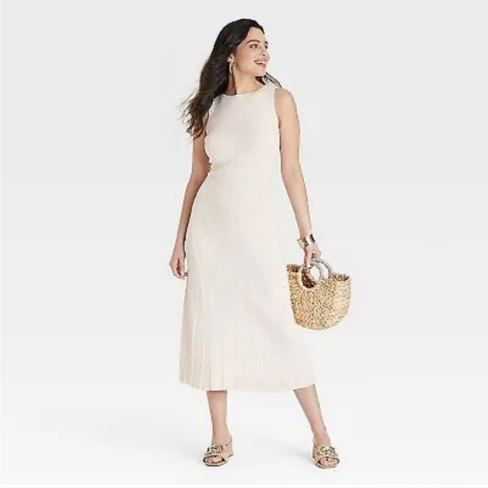 a new day Sleeveless Faux Plisse Cream Ribbed Knit Maxi Sweater Dress - Picture 3 of 8